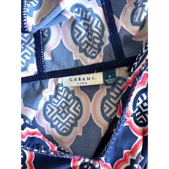 Cabana Life Women's  Sz S Hooded Tunic Cover-Up Dress Navy Pink Print W/ Tassels - Picture 6 of 12